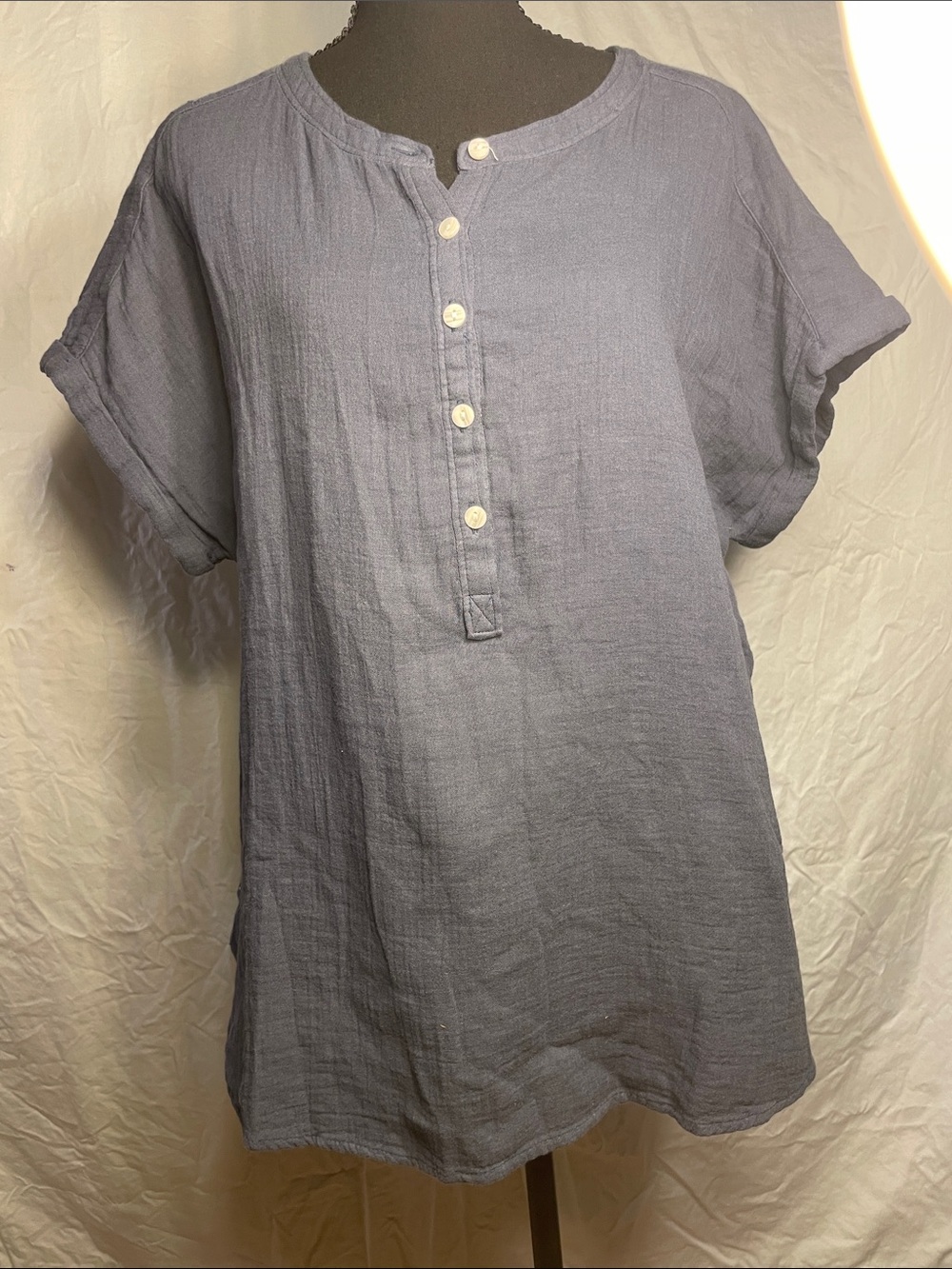 Quince Slate Blue Short-Sleeve Button Henley Shirt
